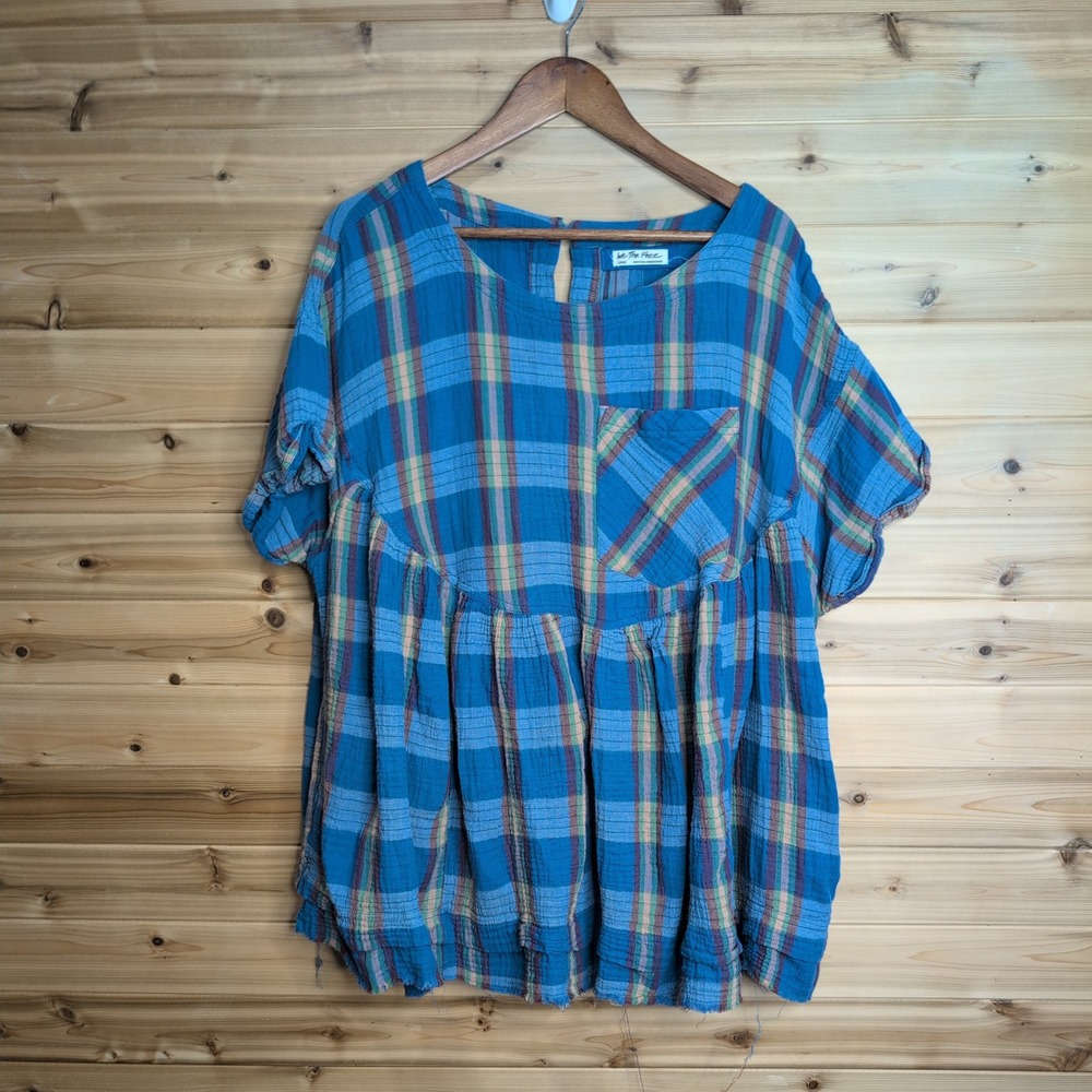 We The Free Free People Blue Plaid Cotton Gauze Babydoll Tunic Top Large